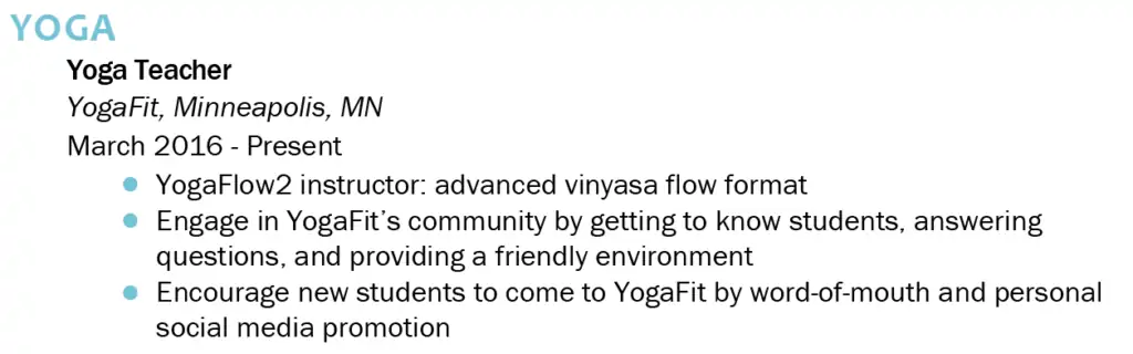 Yoga teacher resume example