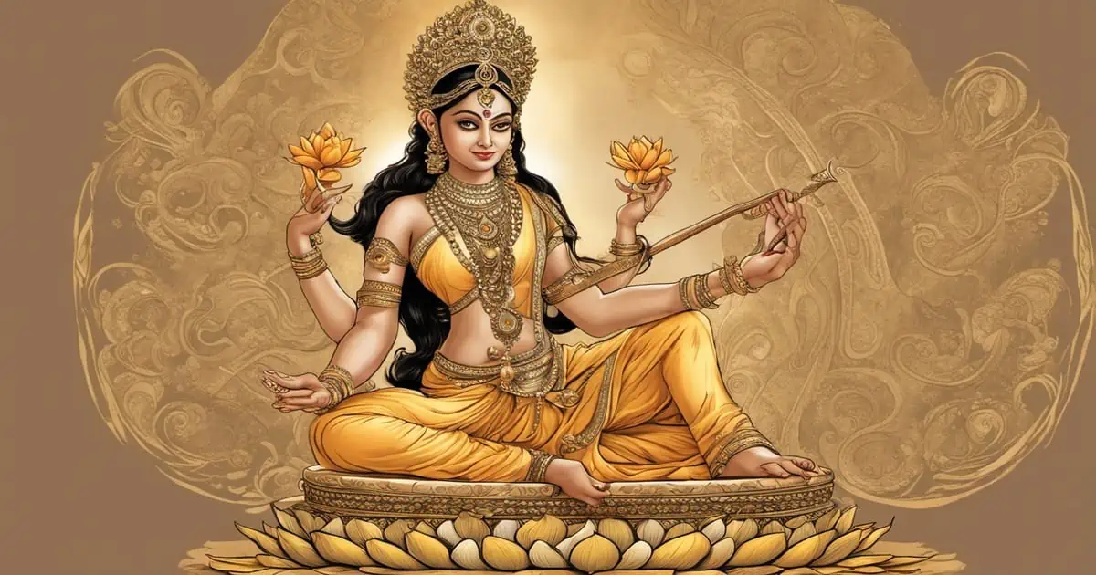 The goddess Gayatri, the Mother of the Vedas, is the source of divine wisdom. She is often depicted sitting on a lotus blossom.