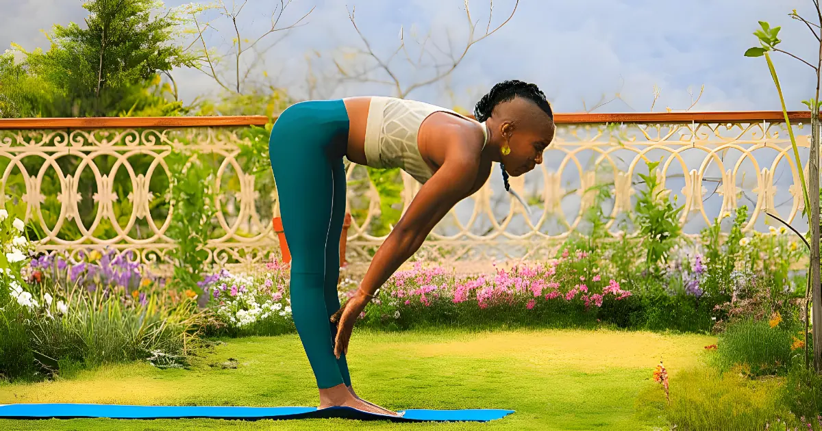 Woman doing the half forward bend yoga pose on her terrace