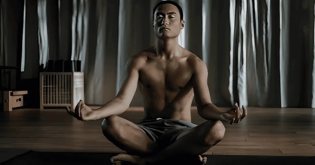Man sitting down, doing yoga on a mat