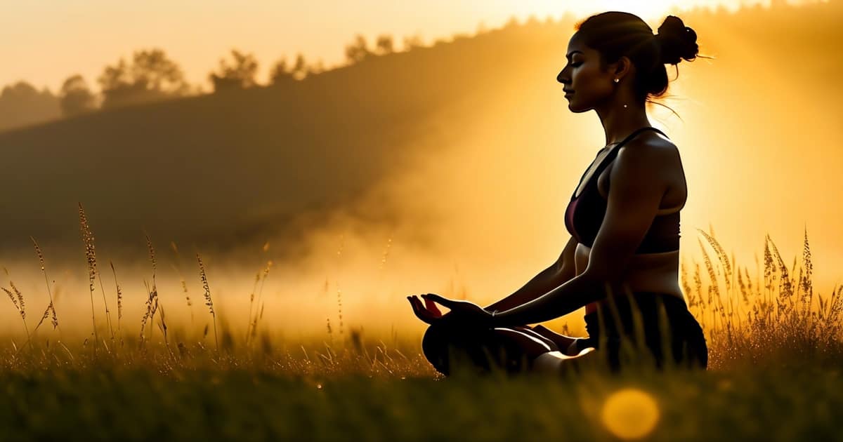 A serene woman sits in front of a picturesque hilly landscape, deeply engaged in meditation. Her peaceful posture and connection with nature convey a sense of tranquility and mindfulness.