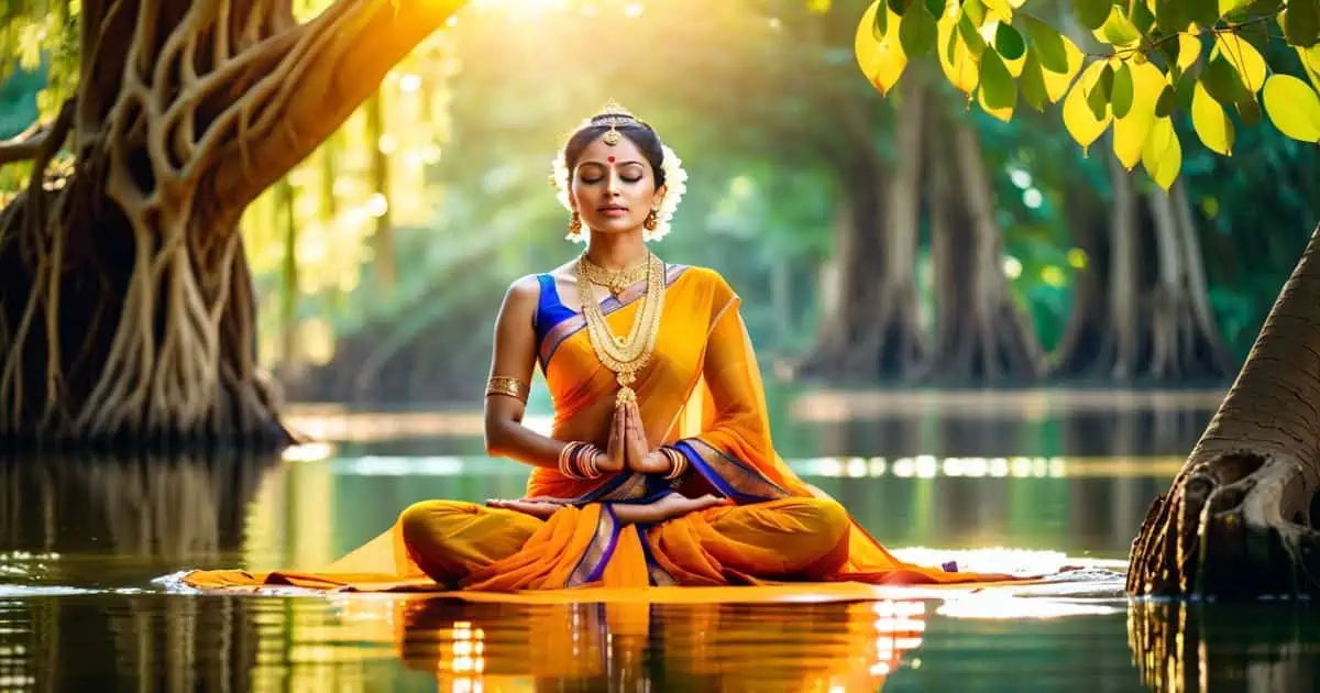 A woman finds serenity as she sits in the center of a peaceful lake, surrounded by lush trees. Engaged in meditation, she embodies a harmonious connection with nature, fostering a sense of calm and mindfulness.