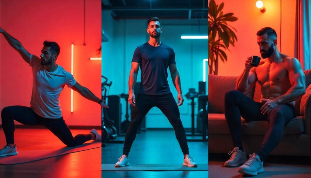 A collage of three different scenes featuring a person in various activities. The left scene shows the person stretching, wearing a white t-shirt, black pants, and white sneakers, with a red neon light in the background. The middle scene depicts the person standing with legs apart in a gym-like setting, wearing a dark blue t-shirt, black pants, and white sneakers, surrounded by blue lighting. The right scene shows the person sitting on a couch, shirtless, holding a cup, with a plant and warm lighting in the background. The composition highlights different moods and environments in which the individual is engaged.