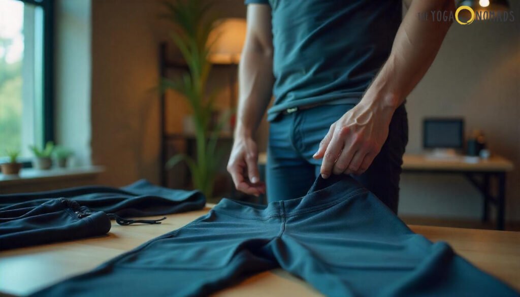 Ultimate Guide to Men's Yoga Pants: Top Styles for Every Man men's yoga pants 1 A person is standing in a well-lit room, holding a pair of dark-colored pants. They are wearing a dark shirt and jeans. The pants are laid out on a wooden table, with another pair of pants also visible. In the background, there is a windowsill with potted plants, a bookshelf, and a desk with various items. The scene suggests organization, fashion selection, or personal styling in a cozy indoor setting.