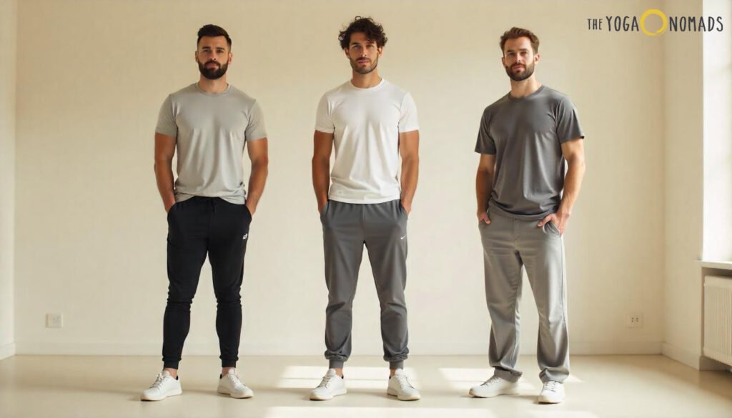 Ultimate Guide to Men's Yoga Pants: Top Styles for Every Man men's yoga pants 2 Three individuals are standing side by side in a well-lit room, each dressed in casual athletic wear. The person on the left is wearing a light grey t-shirt and black joggers, the person in the middle is dressed in a white t-shirt and grey joggers, and the person on the right is wearing a dark grey t-shirt with matching grey joggers. All three are wearing white sneakers.