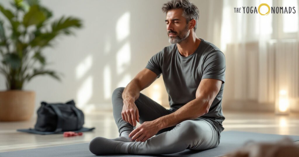 Ultimate Guide to Men's Yoga Pants: Top Styles for Every Man men's yoga pants 8 A person sits on a yoga mat in a well-lit room with large windows, with a potted plant in the background. They are wearing a grey t-shirt and grey pants, in a relaxed, seated yoga pose. Nearby, a black gym bag and a red object rest on the floor.