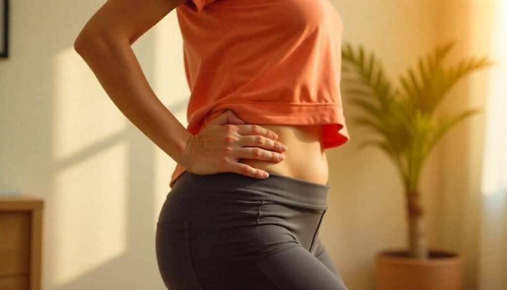 The image shows a woman standing while performing a hip stretch. She is wearing athletic wear and gently holding her hip with one hand. Her posture suggests she is engaging in a movement aimed at promoting joint flexibility and relief. The background is softly lit, reinforcing a calming and mindful atmosphere. This image highlights the connection between yoga and joint wellness, emphasizing mobility and comfort through intentional movement.