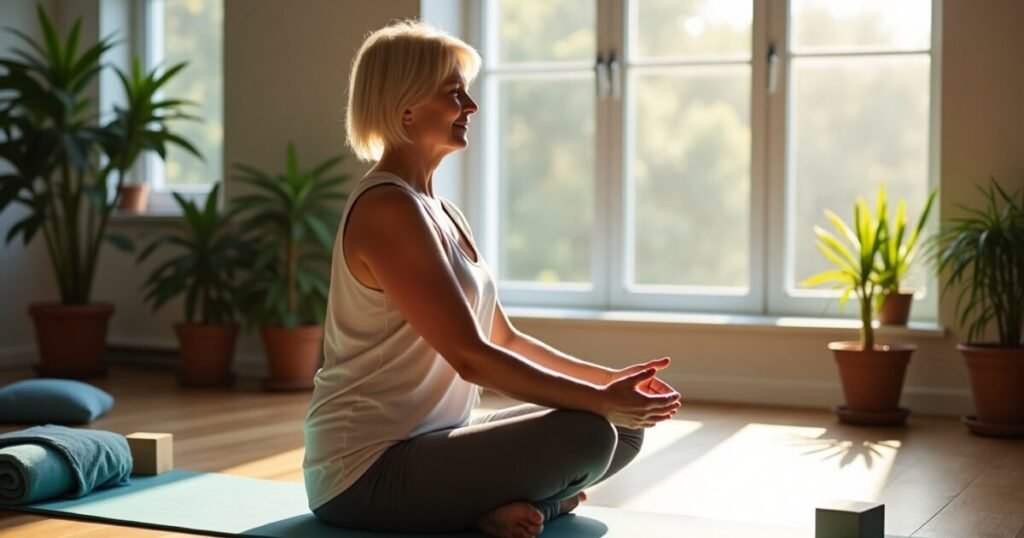 A person sits cross-legged on a yoga mat in a bright room with large windows and lush greenery. Wearing a white sleeveless top and gray leggings, they rest their hands gently on their knees in a meditative pose. Nearby, a rolled-up towel and a yoga block suggest support tools for flexibility and comfort. The warm sunlight streaming through the windows enhances the serene setting, emphasizing relaxation and joint-friendly movement.