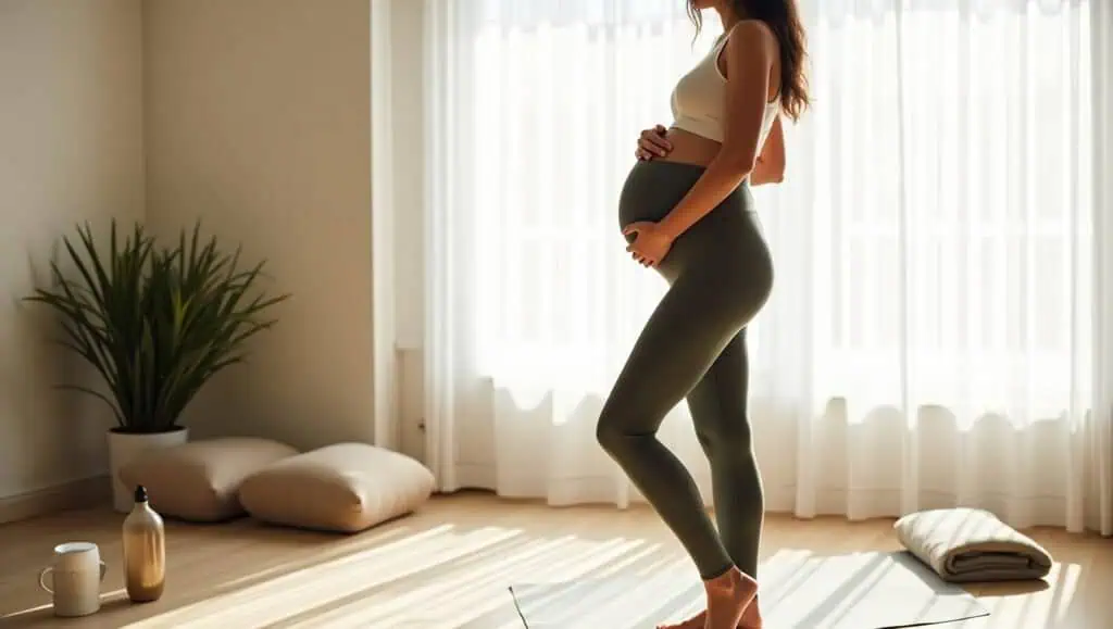 A pregnant woman stands barefoot on a blue yoga mat in a softly lit room with floor-to-ceiling windows draped in sheer white curtains. She wears a white sports bra and olive green maternity yoga pants that gently hug her form, offering both support and flexibility. With both hands resting on her belly, she stands in a relaxed pose. Around her are cozy details—a folded blanket, a potted plant, a mug, two cushions, and a water bottle—evoking comfort and mindful movement during pregnancy.