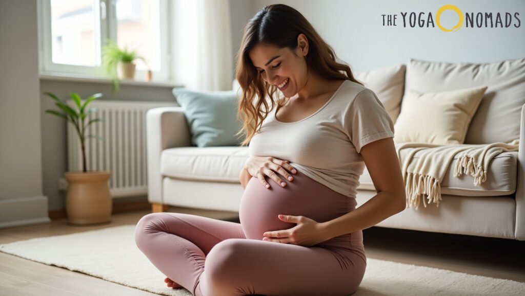 Top 7 Comfortable Options for Moms-to-Be best maternity yoga pants 1 "A pregnant woman sits cross-legged on a soft, light-toned rug in a cozy, sunlit living room. She wears a relaxed beige t-shirt and rose-colored maternity yoga pants, gently holding her belly with both hands. Behind her is a beige couch adorned with neutral cushions and a throw blanket, while a leafy green potted plant stands near a window. The atmosphere feels calm and nurturing, highlighting comfort and style in maternity activewear.