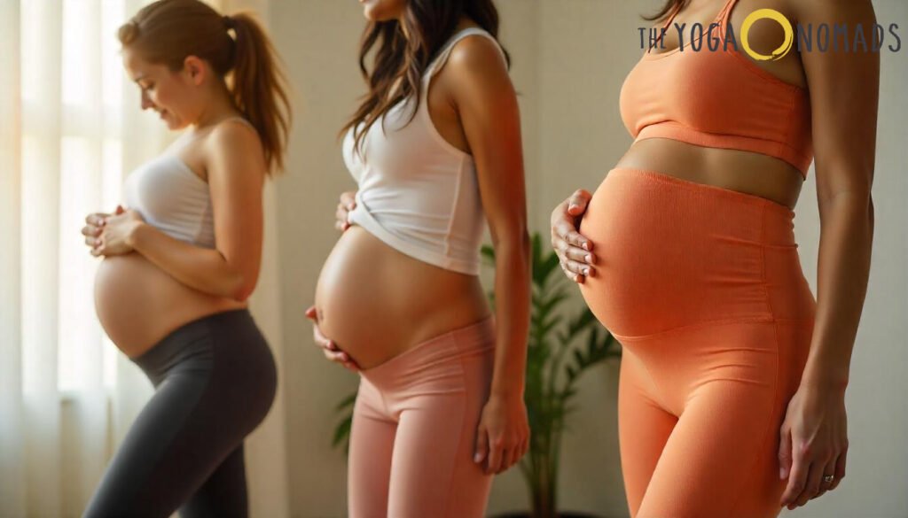 Top 7 Comfortable Options for Moms-to-Be best maternity yoga pants 2 the woman on the left sports a white tank top with dark gray leggings, the middle one wears a white tank top paired with peach-toned pants, and the woman on the right is dressed in a matching burnt orange set. Their relaxed postures and coordinated outfits highlight comfort, support, and style tailored for expectant mothers. A leafy green plant and a window in the background add warmth to the serene setting.