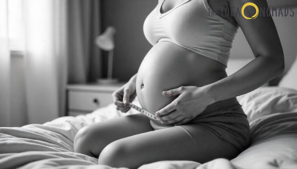 Top 7 Comfortable Options for Moms-to-Be best maternity yoga pants 11 "A pregnant person kneels on a bed while measuring their baby bump with a tape measure. They wear a sports bra and high-waisted maternity yoga pants, which provide gentle coverage over the belly. The scene is presented in black and white, with a soft, natural light coming from a window with sheer curtains. A bedside table with a lamp adds a touch of homey comfort. The overall atmosphere evokes self-care and body awareness during pregnancy.
