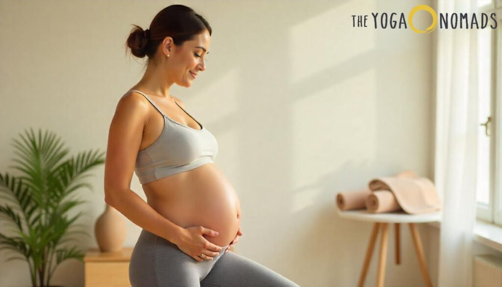 Top 7 Comfortable Options for Moms-to-Be best maternity yoga pants 12 A pregnant person stands in a softly lit room, wearing a grey sports bra and matching high-waisted maternity yoga pants. They gently cradle their baby bump with both hands. Behind them, a potted plant adds a touch of greenery, while a small table holds rolled-up yoga mats. Light filters through sheer curtains on a large window, creating a serene and homey atmosphere. The image emphasizes comfort, support, and calm—qualities essential in maternity activewear
