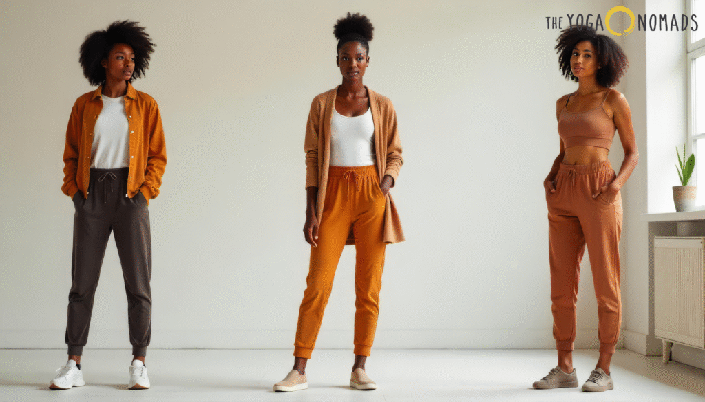 Best Petite Yoga Pants: Top 5 Brands for Shorter Frames best petite yoga pants 9 Three individuals model stylish yoga outfits suited for petite figures in a minimal indoor setting. The first person wears a white top, mustard jacket, and dark brown yoga pants with white sneakers. The second sports a white tank top, light brown cardigan, and mustard yoga pants paired with beige slip-ons. The third is dressed in a coordinated light brown sports bra and matching yoga pants with beige sneakers. A soft-toned wall and window provide a clean backdrop, while the branding 'THE YOGA NOMADS' appears in the top right corner. The image showcases variety in color, fit, and styling tailored for petite activewear seekers.