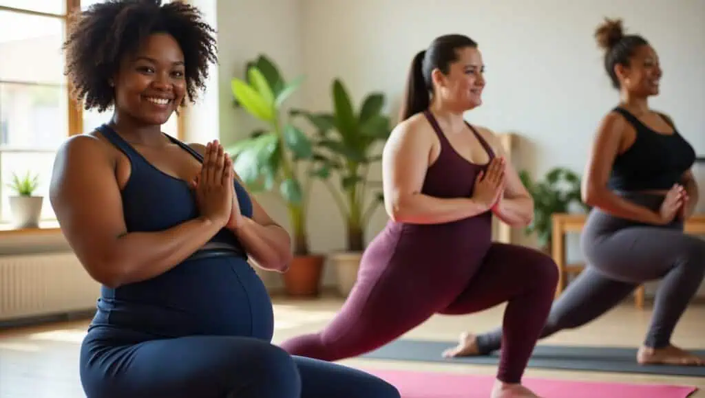 Three individuals are practicing yoga indoors, wearing plus-size yoga pants. The person in the foreground is dressed in dark blue, while the other two are in maroon and black. They are performing a yoga pose with hands pressed together in front of their chests. The room is illuminated by natural light, with several green plants in the background, creating a serene and calming atmosphere. This image aligns with the article's theme, highlighting comfortable and supportive activewear for plus-size yoga practitioners.