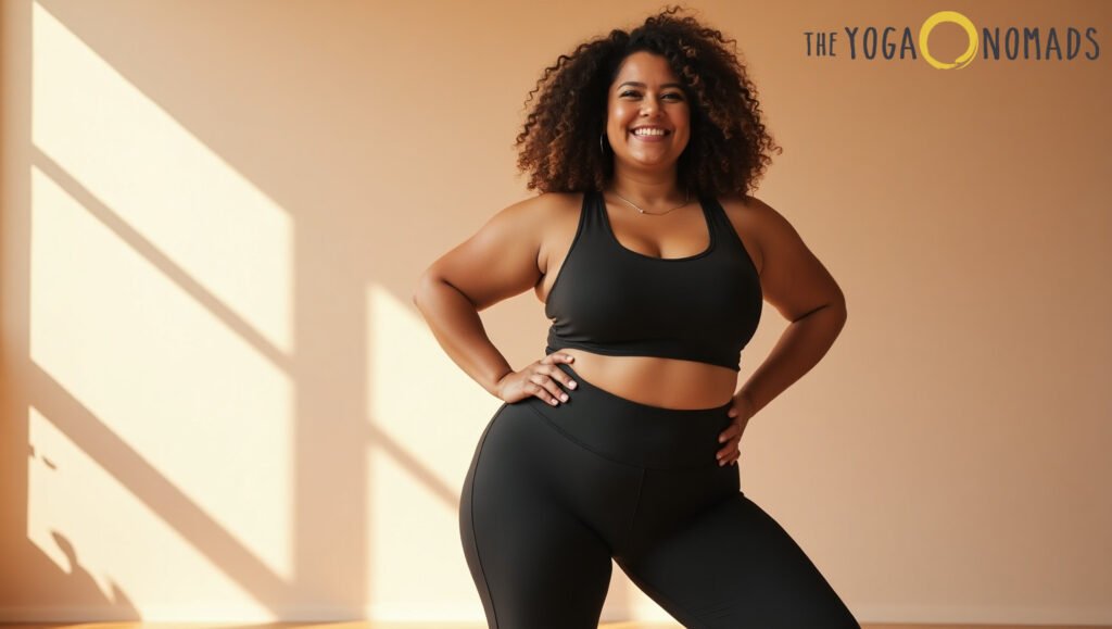 Top 7 Brands for Curvy Figures best plus size yoga pants 1 A plus-size individual practicing yoga indoors, wearing high-waisted, stretchy yoga pants designed for comfort and support. The pants are made from breathable, flexible fabric, allowing for ease of movement. The person is in a yoga pose, highlighting the pants’ fit and functionality.