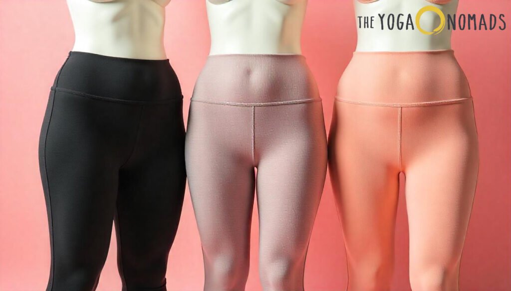 Top 7 Brands for Curvy Figures best plus size yoga pants 2 Three mannequins displayed against a pink background, showcasing high-waisted yoga pants in black, mauve, and peach. The mannequins are torso-only, emphasizing the fit and style of the yoga pants for plus-size individuals.