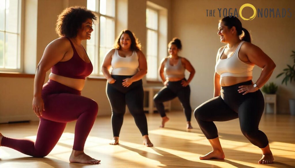 Top 7 Brands for Curvy Figures best plus size yoga pants 10 Four individuals are practicing yoga in a sunlit studio. They are wearing plus-size yoga pants and tops, with three individuals in black pants and white tops, and one individual in maroon pants and a matching top. The individuals are performing lunges, showcasing the flexibility and comfort of the yoga pants. The studio has large windows allowing natural light to fill the space.