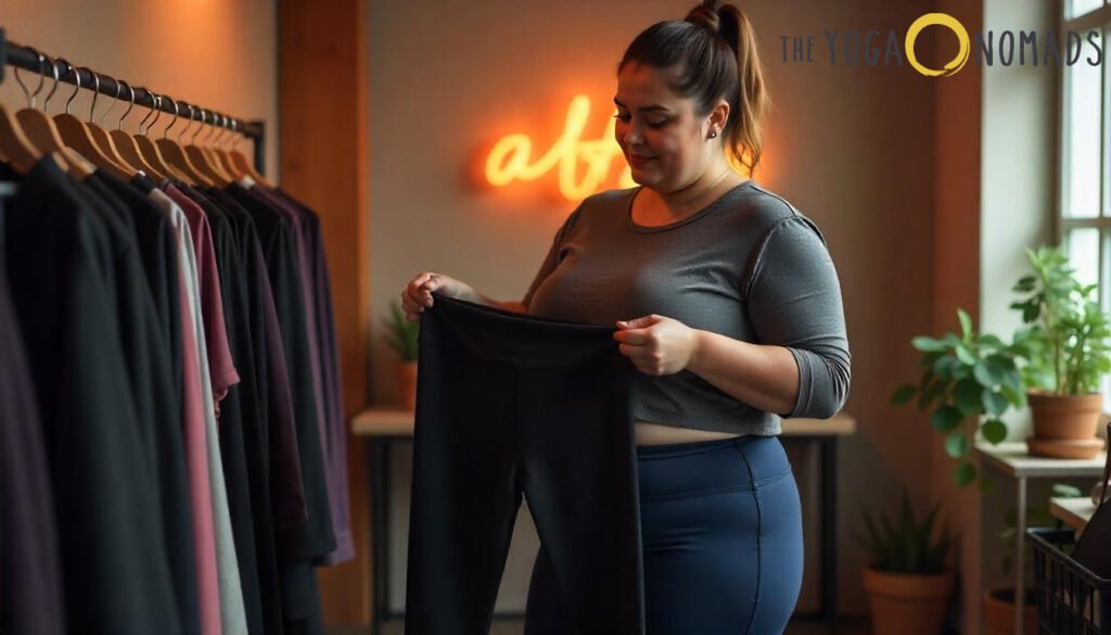 Top 7 Brands for Curvy Figures best plus size yoga pants 11 A person is holding a pair of black yoga pants in a clothing store. The store has a rack of various colored clothes on hangers to the left, and there are potted plants on a table near a window to the right. The background features a neon sign that reads "af" and the logo "The Yoga Nomads" in the top right corner. The image is relevant for an article on the best plus size yoga pants, showcasing a person examining the quality and fit of the pants in a comfortable and stylish setting.