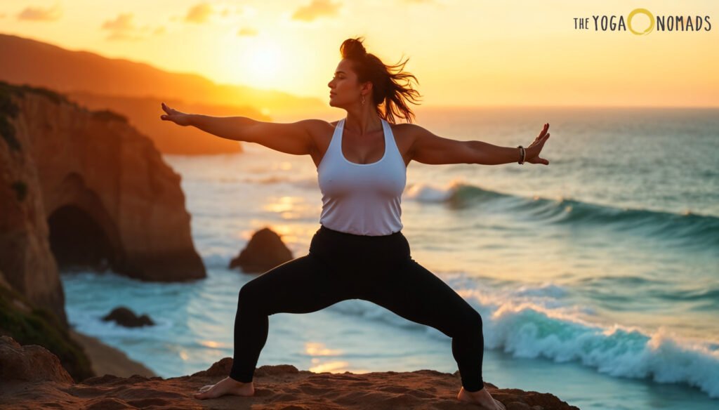 Top 7 Brands for Curvy Figures best plus size yoga pants 12 A person stands in a warrior pose on a scenic cliffside during sunset, with ocean waves in the background. They are wearing a white tank top and black yoga pants, demonstrating flexibility and comfort in outdoor yoga practice.