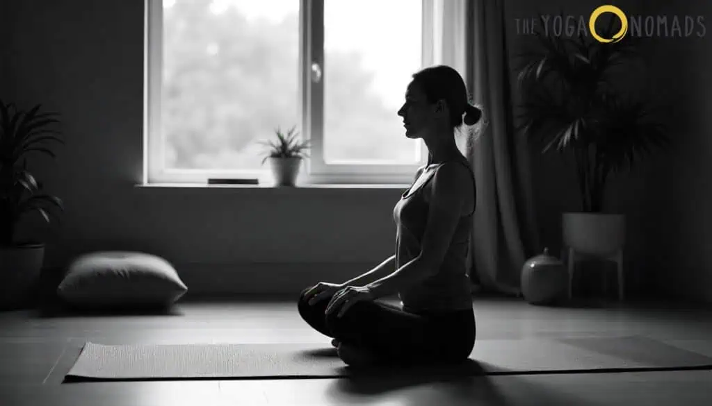 3 Seasonal Yoga Practices for Joint Health seasonal yoga practices for joint health 2 A person is seated cross-legged on a yoga mat in a peaceful indoor setting, practicing meditation. Natural light softly illuminates the room through a window adorned with a small plant on the windowsill. Two larger plants frame the window, enhancing the tranquil atmosphere. A cushion rests on the floor nearby. The person is dressed in a sleeveless top, maintaining a serene posture. The black-and-white color scheme of the image reinforces a sense of calm and reflection. The text "THE YOGA NOMADS" appears in the top right corner. This image is relevant for an article on seasonal yoga for joint health, highlighting the practice’s ability to support flexibility and wellness throughout different seasons.