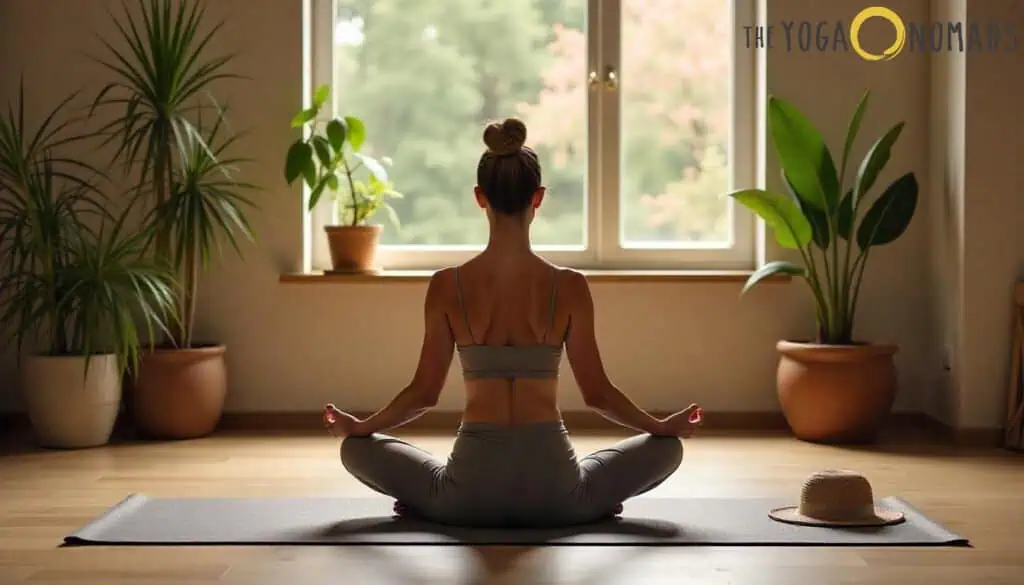 A person is sitting cross-legged on a yoga mat in a serene indoor setting, facing away from the camera. They are wearing a grey sports bra and leggings, with their hair tied up in a bun. Sunlight streams through a large window, casting a natural glow over the space. Several potted plants surround the room, creating a tranquil and inviting atmosphere. A straw hat rests on the yoga mat beside the person. The text "THE YOGA NOMADS" appears in the top right corner. This image is relevant for an article on seasonal yoga for joint health, illustrating a calm and focused environment that supports flexibility and well-being across different seasons.