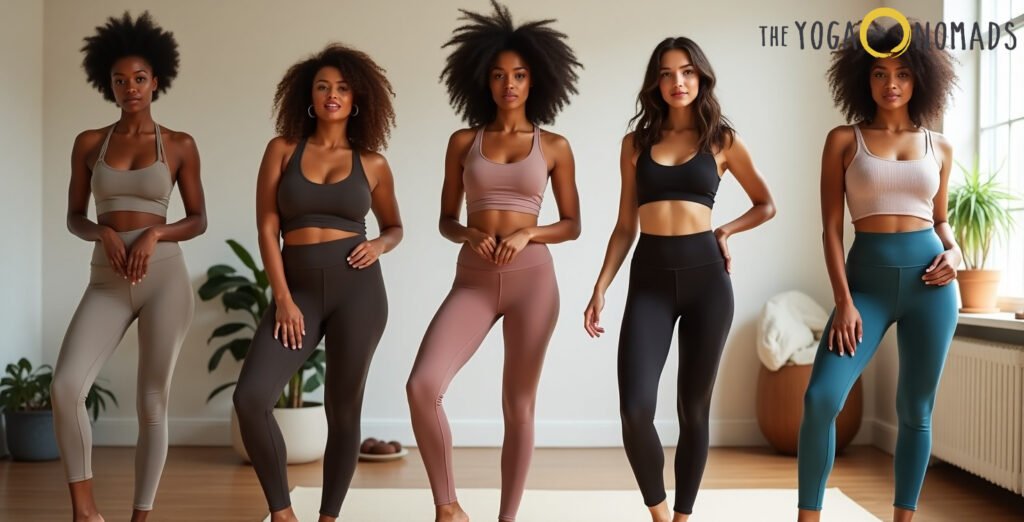 Top 5 Free People Movement Leggings FP Movement Yoga Pants 1 Five individuals stand in a bright, airy space with light wooden flooring and large windows, dressed in varied styles and colors of FP Movement yoga pants and sports bras. The pants range in hues from beige and deep brown to pink, black, and teal, each paired with a coordinated or contrasting top. Potted plants and minimalist decor accentuate the relaxed yet fashionable environment. The diversity in cuts and colors highlights FP Movement’s emphasis on stylish flexibility and personal expression through activewear.