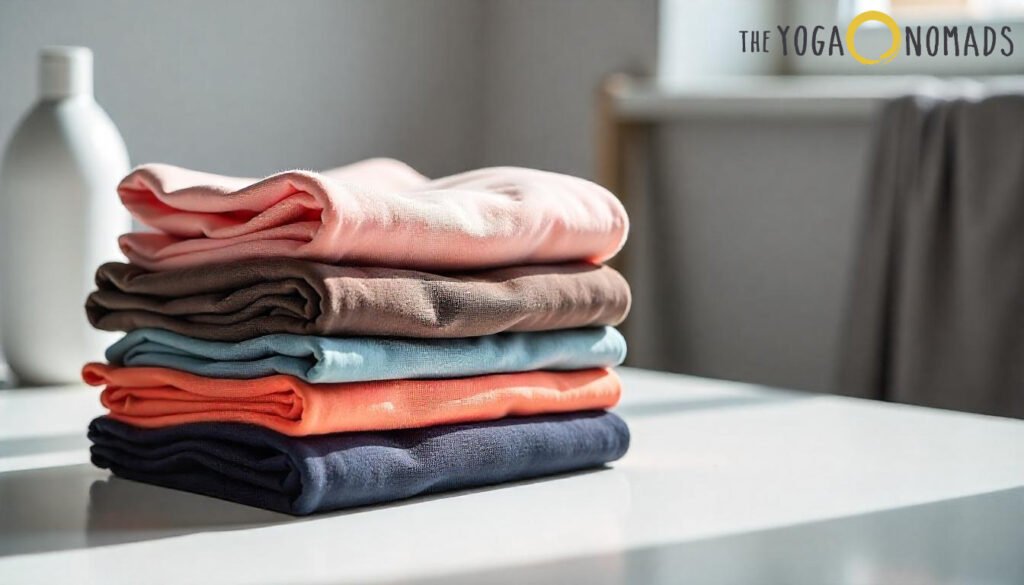 Top 5 Free People Movement Leggings FP Movement Yoga Pants 7 A neatly folded stack of FP Movement yoga pants in soft, varied hues—light pink, brown, light blue, coral, and dark blue—rests on a clean white surface. The gradient arrangement highlights the collection’s vibrant color range and fabric quality. In the softly lit background, a blurred white bottle and a window add subtle ambiance. 'THE YOGA NOMADS' branding appears in the top right corner, reinforcing the stylish and curated tone of the featured yoga apparel