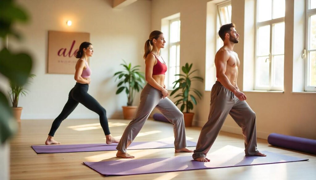 Three individuals practice yoga in a spacious, sunlit studio with large windows and wooden floors. Each is positioned on a purple mat, performing a forward lunge pose with arms extended overhead. They wear different styles of Alo yoga pants—ranging from high-waisted to sleek compression fits—paired with coordinating Alo tops. The clean interior includes leafy plants and a visible ‘alo’ sign on the wall, emphasizing brand identity. The scene showcases Alo yoga pants in motion, highlighting flexibility, support, and style across various silhouettes