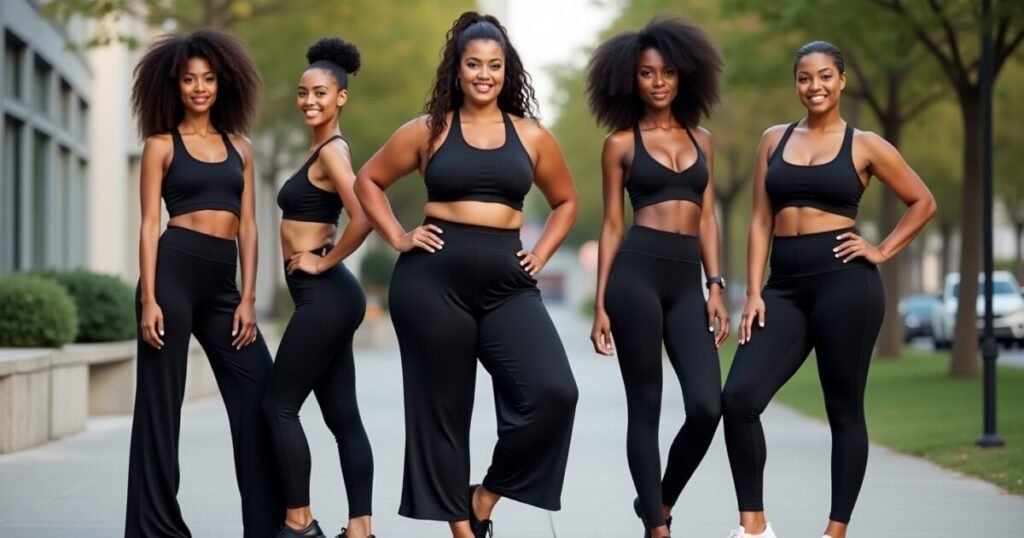 Five women pose together on an urban sidewalk, each wearing black yoga pants and black sports bras. Their outfits showcase a range of styles including wide-leg, high-waisted, and fitted cuts—highlighting versatility in black yoga pants for various body shapes and preferences. The background includes trees and buildings, adding a relaxed yet stylish vibe that complements the theme of fashionable, everyday activewear
