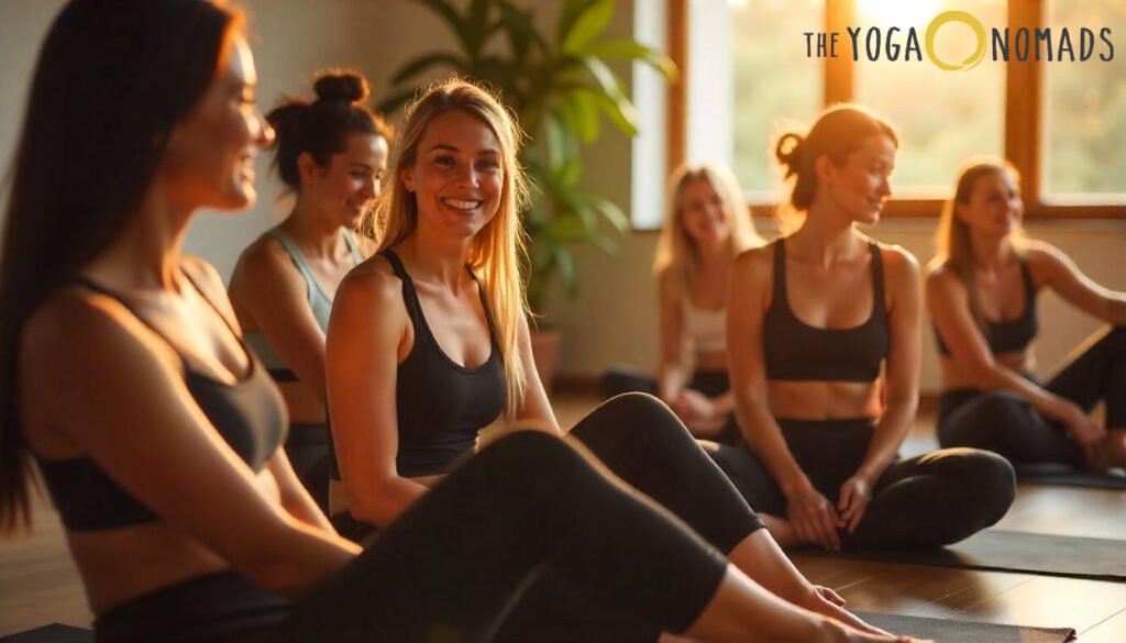 Best Black Yoga Pants: Top 7 Versatile Options for Every Style black yoga pants 12 Four women sit in a relaxed pose on individual yoga mats in a bright, sunlit studio with large windows. Each wears a black sports bra and black yoga pants, showcasing various fits such as high-waisted and cropped styles. The clean wooden floors and soft natural light create a tranquil setting that emphasizes comfort and functionality. This moment captures the stylish versatility of black yoga pants suited for both movement and rest.