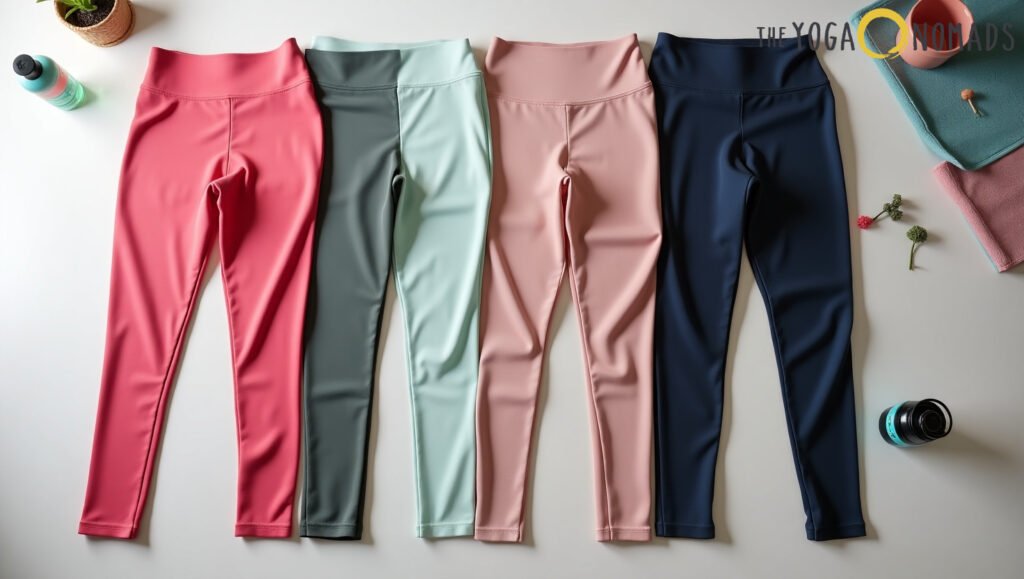 Four pairs of yoga leggings in coral pink, sage green, light pink, and navy blue are laid out side by side on a flat surface. Surrounding them are lifestyle items including a water bottle, a small potted plant, a pink cup, a teal towel, and scattered small flowers. The composition is bright and inviting, with ‘THE YOGA NOMADS’ branding in the top right corner. The image visually supports an article on the best yoga pants for specific needs by highlighting color variety and a wellness-oriented aesthetic.