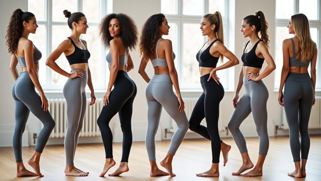 Six women stand barefoot in a well-lit fitness studio with large windows and wooden floors, dressed in coordinated black and gray sports bras and high-waisted leggings. Their poses vary—some face forward, others turn to the side or back—highlighting the fit, flexibility, and style of the activewear. The group arrangement and natural lighting emphasize body posture, movement, and fashion in a wellness context. The image showcases gray yoga pants as part of a versatile and supportive wardrobe for specific fitness needs