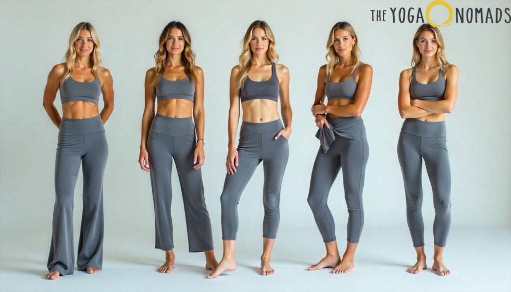 Best Gray Yoga Pants: Top 5 Stylish Picks for Your Workout best gray yoga pants 8 Five women stand barefoot against a light gray backdrop, each showcasing a distinct style of gray yoga or athletic wear. Their outfits include a mix of flared pants, cropped leggings, and full-length leggings, paired with sports bras and tank tops in complementary tones. The diversity in cuts and fits highlights the versatility of gray yoga pants for different body types and preferences. In the top right corner, the 'THE YOGA NOMADS' logo appears, with 'YOGA' emphasized in yellow, reinforcing the brand’s focus on mindful movement and stylish functionality.