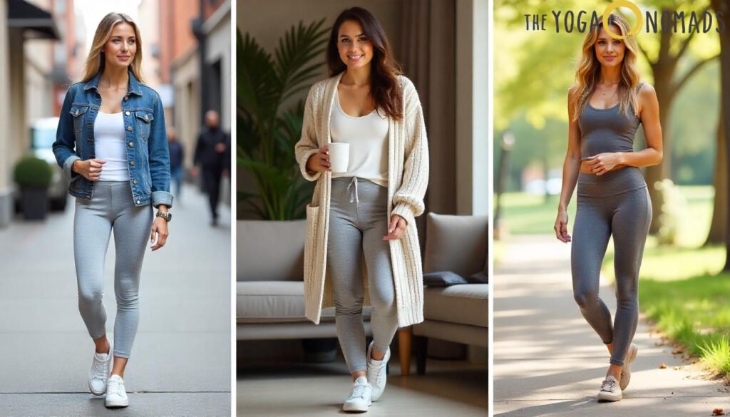 Best Gray Yoga Pants: Top 5 Stylish Picks for Your Workout best gray yoga pants 9 A collage of three women wearing gray leggings styled for different settings: urban, indoor, and nature. On the left, a woman walks on a city street in gray leggings, a white top, blue denim jacket, and white sneakers. In the center, another woman stands indoors on a carpeted floor with plants behind her, dressed in gray leggings, a white top, beige knit cardigan, and white sneakers, holding a white mug. On the right, a woman poses in a park-like setting wearing a matching gray tank top and leggings with white sneakers. The top right corner features the 'THE YOGA NOMADS' logo, with 'YOGA' highlighted in yellow, emphasizing the brand’s focus on versatile, lifestyle-friendly activewear