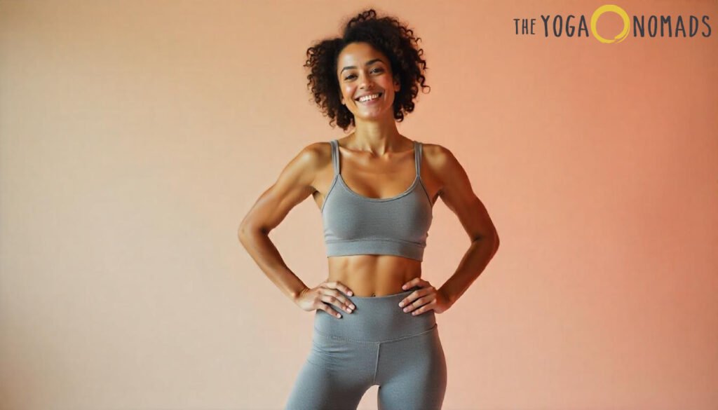Best Gray Yoga Pants: Top 5 Stylish Picks for Your Workout best gray yoga pants 10 A person stands confidently with hands on hips, wearing a matching gray sports bra and high-waisted leggings. The background features a warm gradient transitioning from light beige to soft orange, creating an uplifting and energetic atmosphere. The individual’s curly hair and bright smile convey positivity and self-assurance. In the top right corner, the 'THE YOGA NOMADS' logo appears The image highlights gray yoga pants as both functional and empowering, suited for active lifestyles and personal expression.