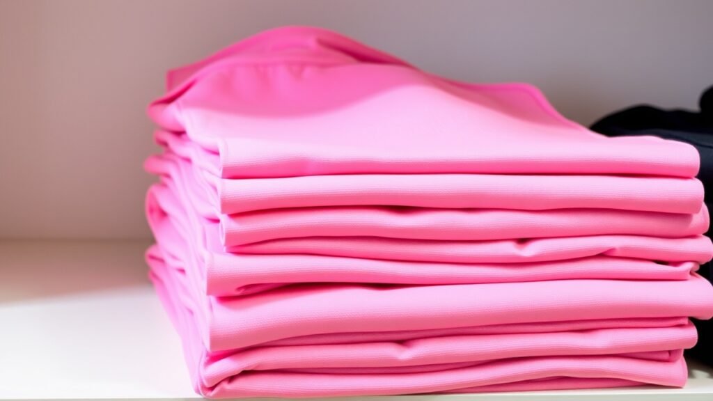 A neatly stacked pile of bright pink athletic wear, possibly yoga pants or shirts, sits on a white shelf. The garments are uniformly folded, suggesting a retail or organized storage setting. The vivid pink color contrasts sharply with the clean white background, creating a visually striking and energetic composition. The image emphasizes the boldness and appeal of pink yoga apparel, ideal for an article focused on selecting the best pink yoga pants for specific needs.