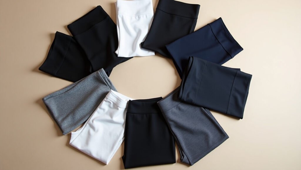 Ten pairs of athletic leggings are arranged in a circular layout on a beige surface, each folded neatly to display the waistband. The leggings feature a range of colors including black, white, navy blue, and various shades of gray, highlighting diversity in style and tone. The symmetrical arrangement and clean presentation suggest a curated selection, ideal for showcasing options in yoga or fitness apparel. The image emphasizes variety and design, making it suitable for content focused on choosing the best yoga pants for different preferences and needs