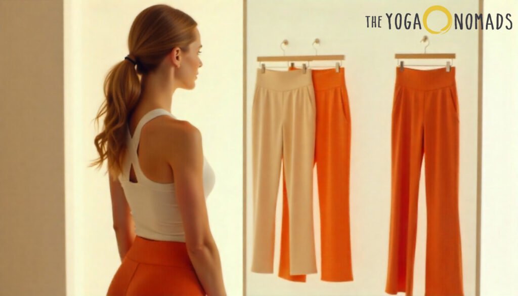 A woman stands in front of a softly lit display, wearing a white racerback sleeveless top and high-waisted orange yoga pants. Her hair is tied back in a ponytail as she examines two pairs of yoga pants hanging side by side—one in light beige and the other in bright orange. The scene is warm and inviting, with a focus on color comparison and fit. In the top right corner, the 'THE YOGA NOMADS' logo appears, with 'YOGA' highlighted in yellow and a circular design element. The image highlights the decision-making process in selecting yoga pants, emphasizing style, tone, and personal preference.