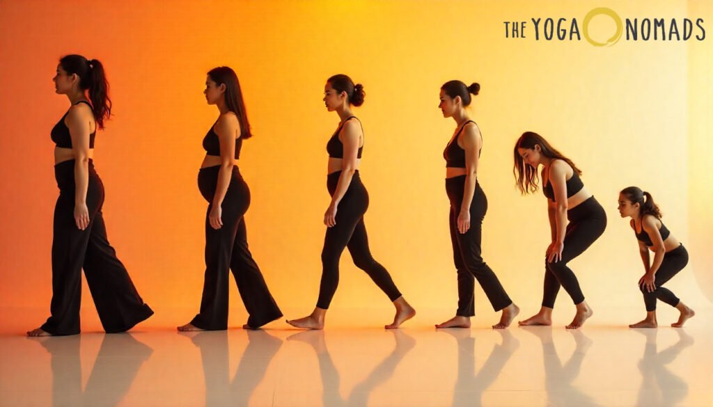 Six women are shown in a sequential arrangement of yoga poses, illustrating different stages of pregnancy and postpartum recovery. They wear black athletic outfits and are positioned from left to right against a gradient background that transitions from warm orange to soft yellow. The poses progress from standing to deep squatting, symbolizing physical transformation and resilience. In the top right corner, the 'THE YOGA NOMADS' logo appears, with 'YOGA' highlighted in yellow and encircled. The image emphasizes the adaptability and support of yoga pants through various life stages and body changes.